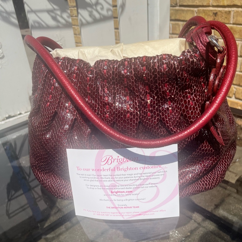 Brighton Red Patent Leather Mock Snake Skin Shoulder Bag Purse Clean